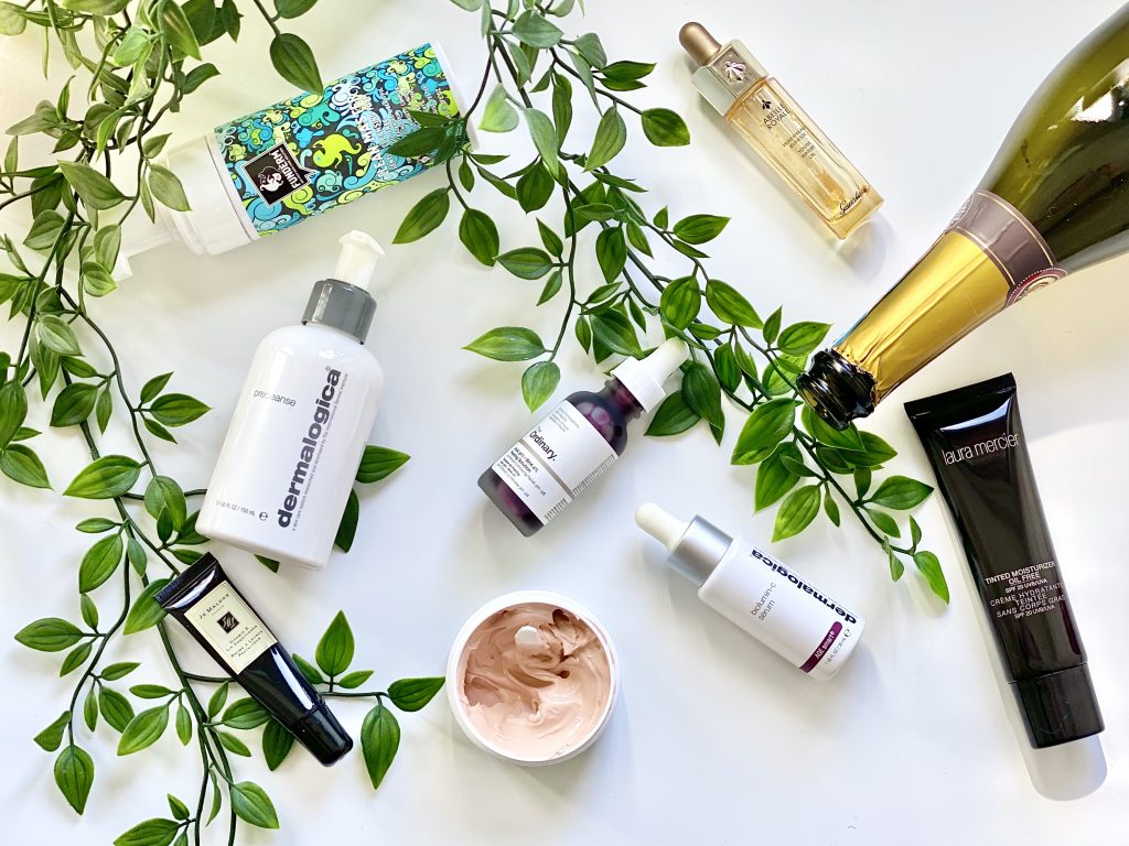 various beauty products flatlay for skincare routine