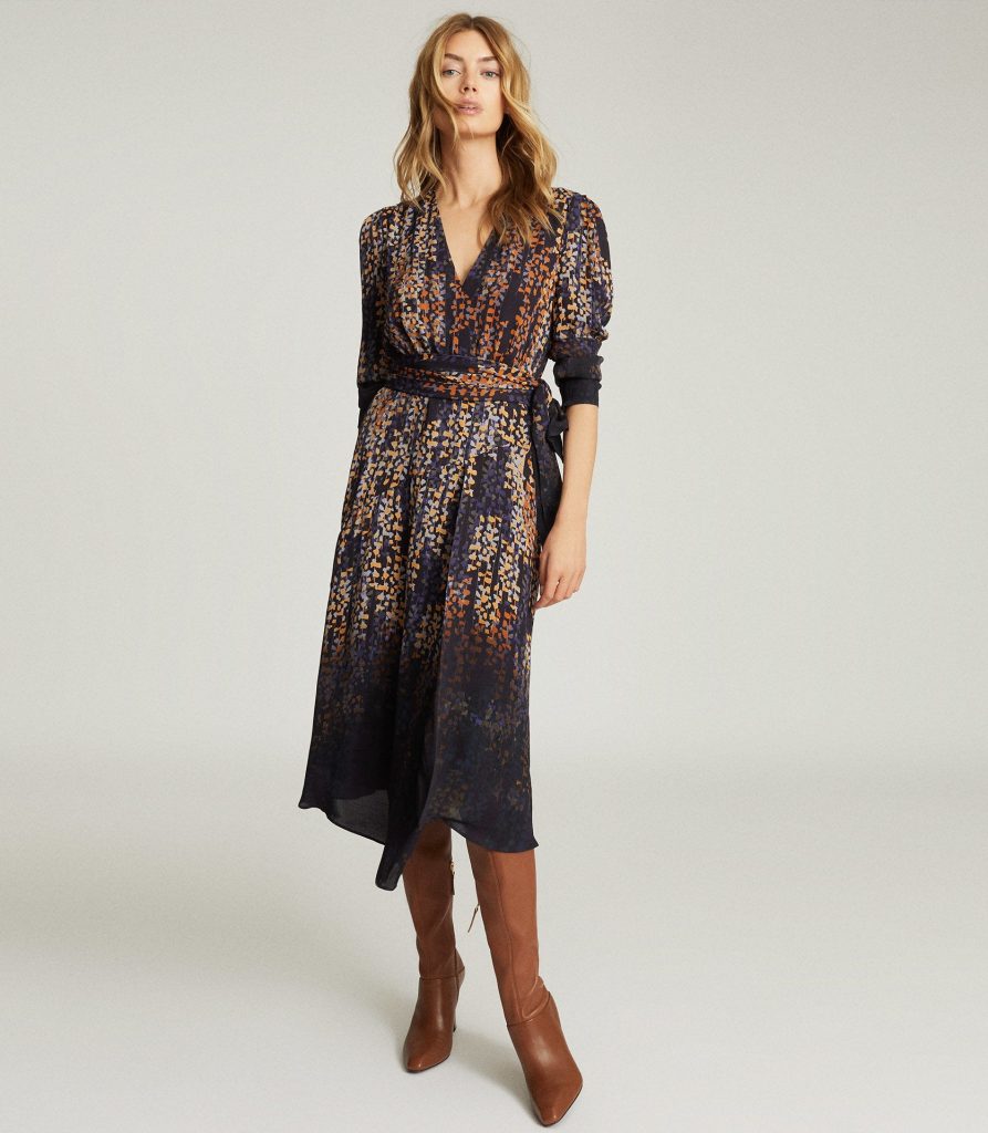 Reiss Autumn/Winter 2020 blue print wrap midi dress