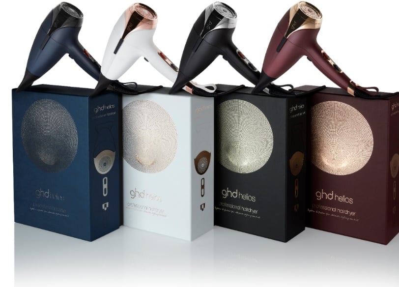 GHD Helios colour range ink blue, white, black and ruby.