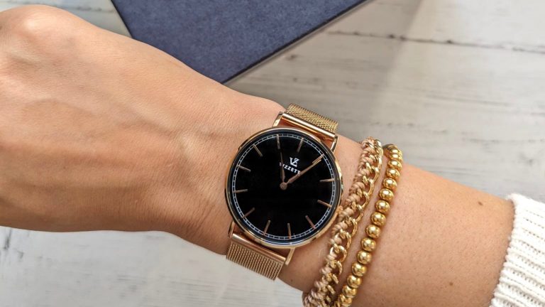 Vizzetti 'Serene Milan' Watch on wrist with rose gold bracelets