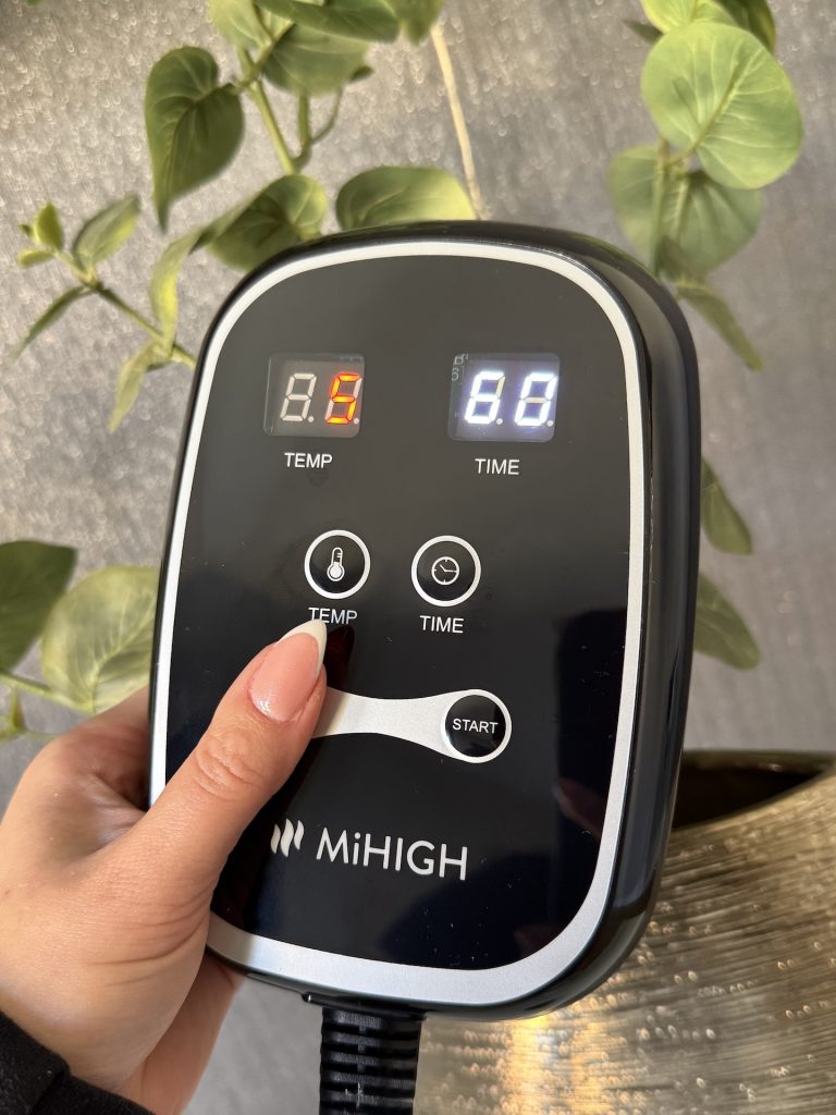 MiHigh sauna blanket control pad showing temperature and time