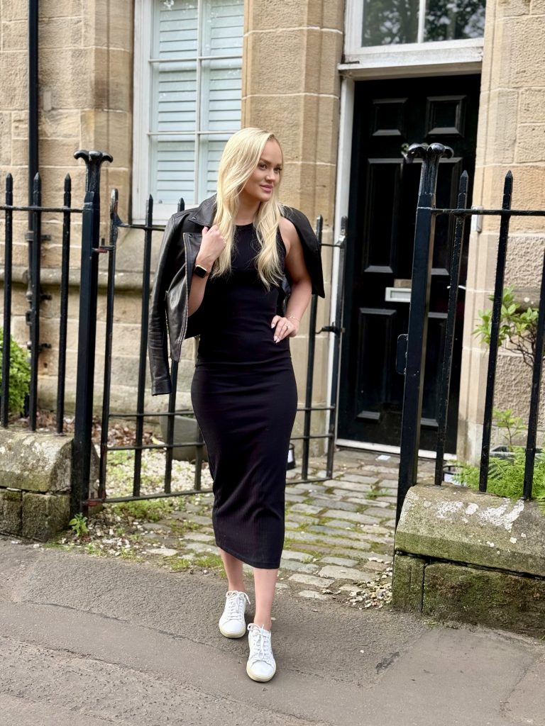Leather jacket and black maxi dress spring outfit