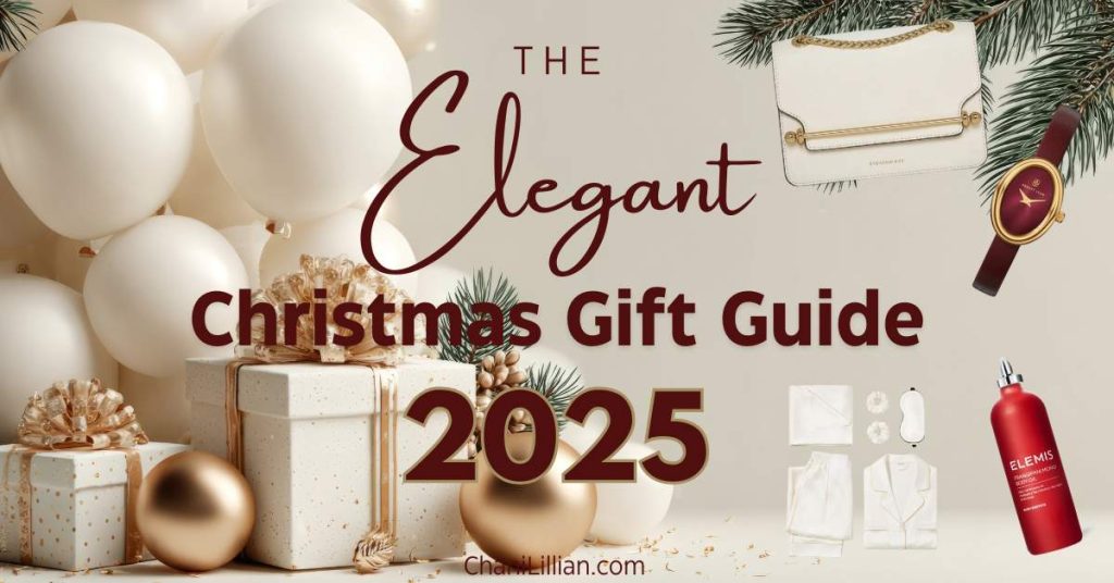 White and gold Christmas gifts underneath a Christmas tree with the words 'the elegant Christmas gift guide 2025' overlayed on top